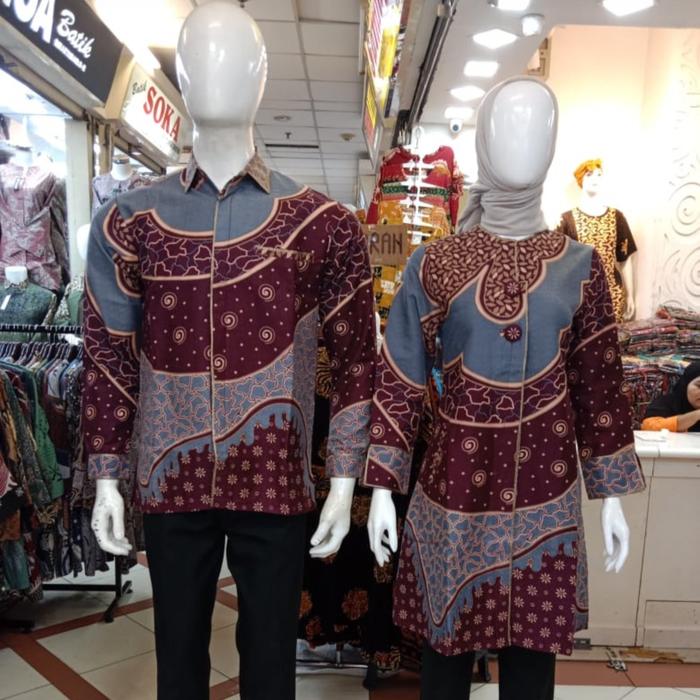 SPLENDID Maroon Burgundy Set Couple Batik Katun Pekalongan Premium Kemeja Pria & Tunik Wanita Pakai 