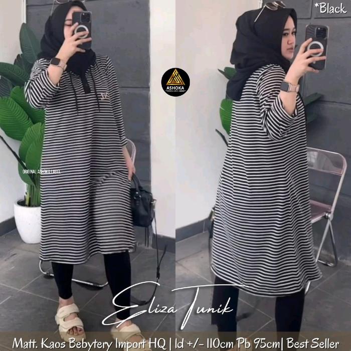 ELIZA TUNIK WANITA MOTIF GARIS SALUR HITAM PUTIH BAHAN KAOS BABYTERI PREMIUM