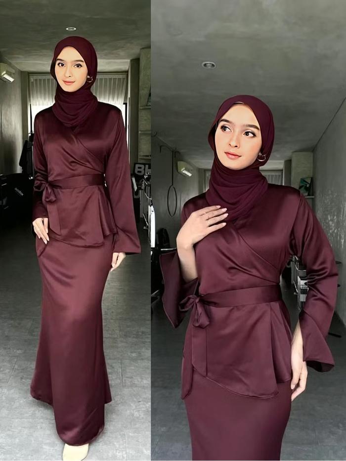 Naraya Gamis Wanita Remaja Slim Fit Polos Simple Elegan Kekinian Bahan Satin Premium Warna Burgundy