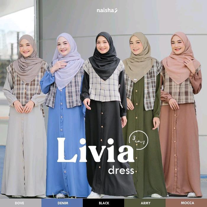 2 in 1 Dress Livia Gamis Vest Muslim Smart Casual Busana Muslim Dengan Outer Motif Kotak Wanita Baju