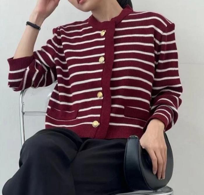 MF LALISA CARDYGAN SWEATER RAJUT WANITA STRIPE KNIT KANCING / Cardigan Stripe Wanita Bahan Rajut Kan