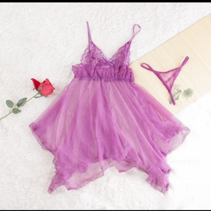 Big Size Fit Xl Dress Set + G String Wanita Transparan Lace Renda