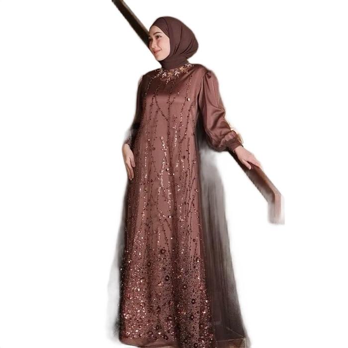 Gaun Kondangan Muslimah Mewah – Brokat Coklat Gold Elegan Dress Kondangan Hijab Modern – Long Dress 