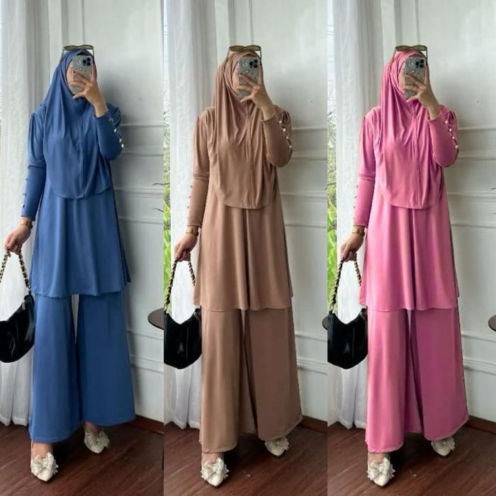 New Sartika Set Hijab Jersey 3In1 Fit To Xl Setelan Polos Tunik One Set Tunik Wanita Setelan Free Hi