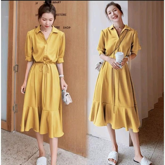 HD DRESS VECKA MUSTARD Dress Kuning Rok Wanita Midi Dress Baju Casual Fit