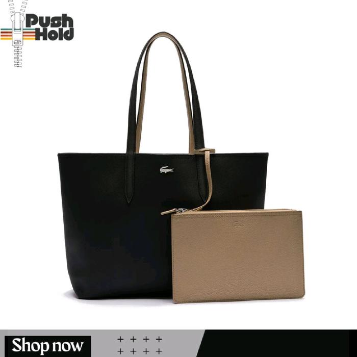 LACOSTE Original Anna Reversible 2-in-1 Tas Tote Bag Wanita Bolak Balik Hitam/Coklat Nude Tas Jinjin