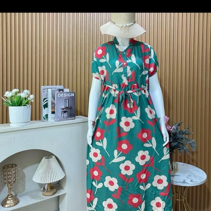 Daster Kerah Shanghai Bumil Panjang Busui Motif Dress Kimono Samping Katun - LD 110 Panjang Baju 120