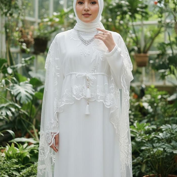gamis alina putih dengn tile bordir 3D timbul Wanita Lebaran Muslim Dress