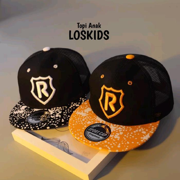 Topi Anak Hiphop atau Snapback Topi Jaring Logo R Buat Anak Usia 2 sampe 10 Tahun Hitam Kombinasi Ku