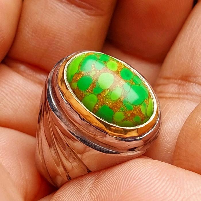 Cincin batu pirus hijau kedondong urat emas ring monel handmade alus anti karat 16mm 18mm