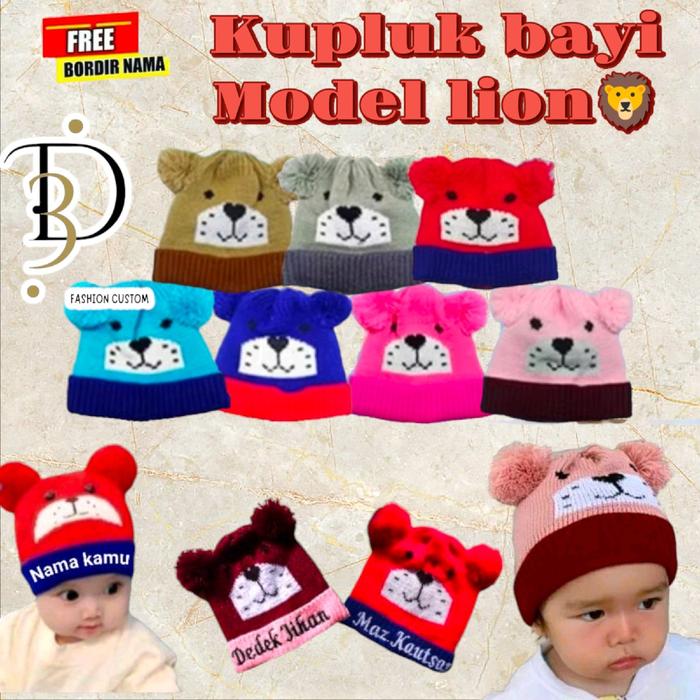 3D - Custom topi bayi kupluk bayi bordir nama terbaru karakter lion lucu topi bayi lucu topi nama an
