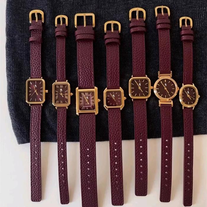 Free Box Jam Tangan Wanita Maroon Series Jam Tangan Vintage Merah Maroon Analog Kulit Watches