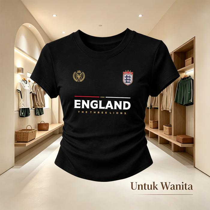 Kaos Crop Top Wanita Hitam Slimfit Motif Timnas Inggris The Three Lions Sepak Bola