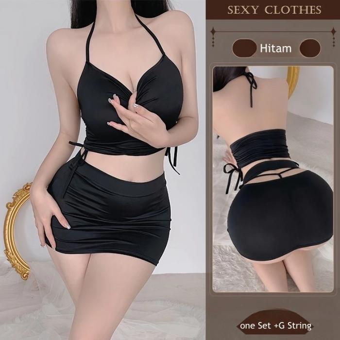 Baju Tidur Wanita Lingerie Hot Sexy Binal Leher Halter Set A220 Hitam One Set G String Spandeks Mela