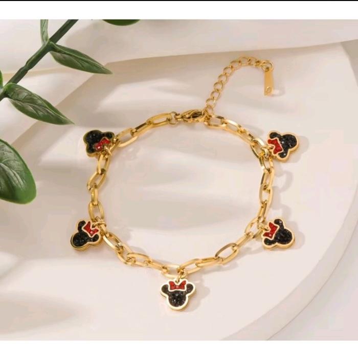 Gelang Titanium Rantai Paper Clip Liontin Mickey Mouse Aksesoris Fashion Viral Terlaris Anti Karat A