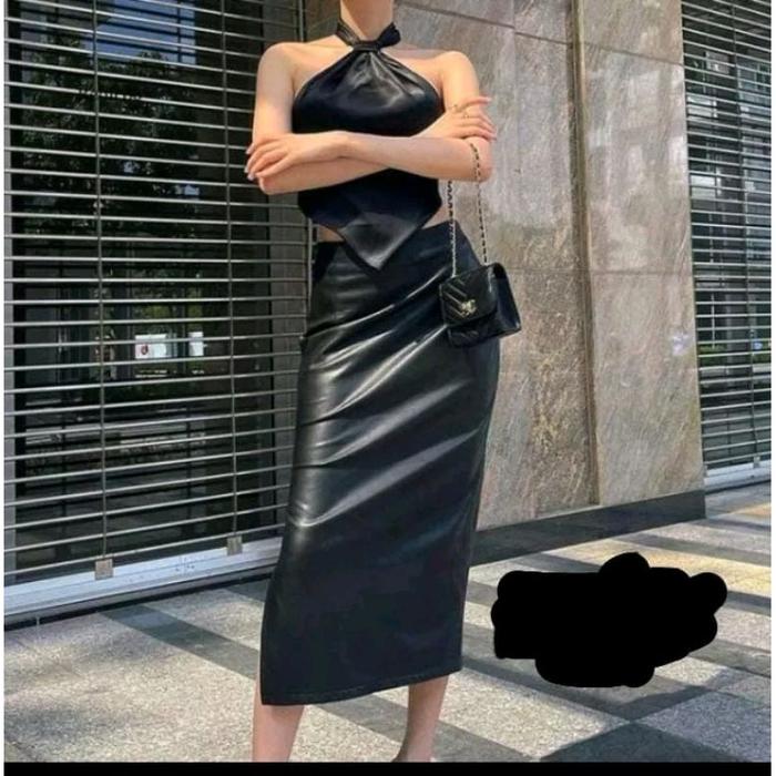 TERBARU rok kulit wanita / rok kulit span panjang belah pinggir /rok kulit wanita Korean style