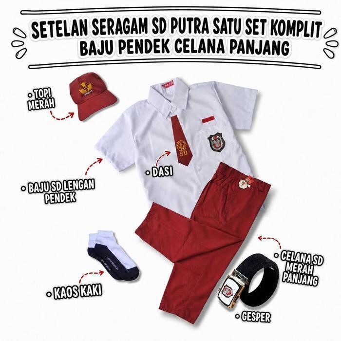 setelan seragam merah putih SD laki pendek panjang kelas 1-6 komplit - merah putih, kelas 1 - merah 