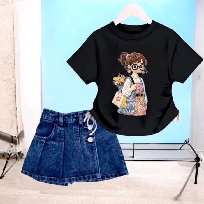 Setelan Anak Prempuan Crop Top Karakter Mba Kacamata + Rok Jins Usia 1-8 Tahun Model Fashion dengan