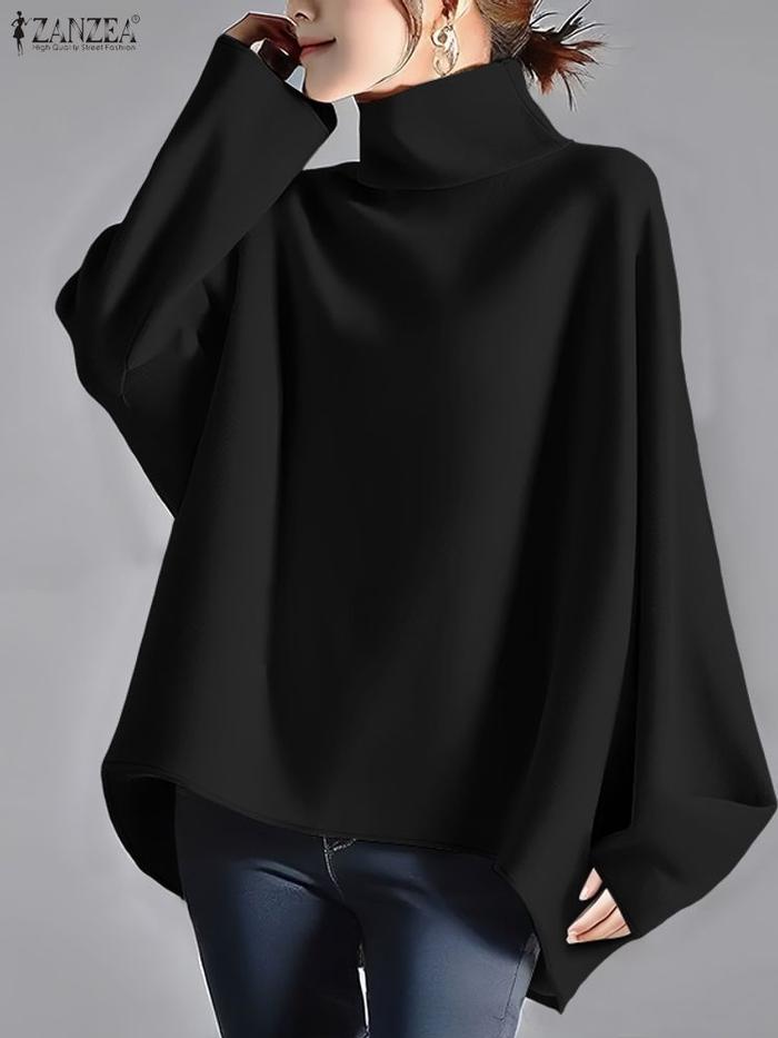 ZANZEA Autumn Office OL Shirts Stylish Women Long Sleeve Tops Elegant Solid Work Blouse Female Turtl