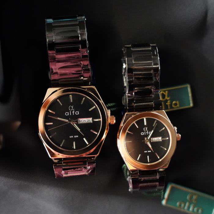 ALFA Jam Tangan Couple Original Tipe 90001 A RBG RBL Bahan Stainless Steel Tahan Air Fitur Tanggal E
