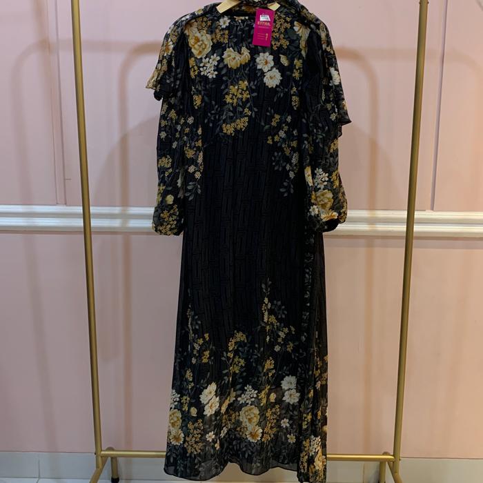Gamis bunga hitam kuning set kerudung