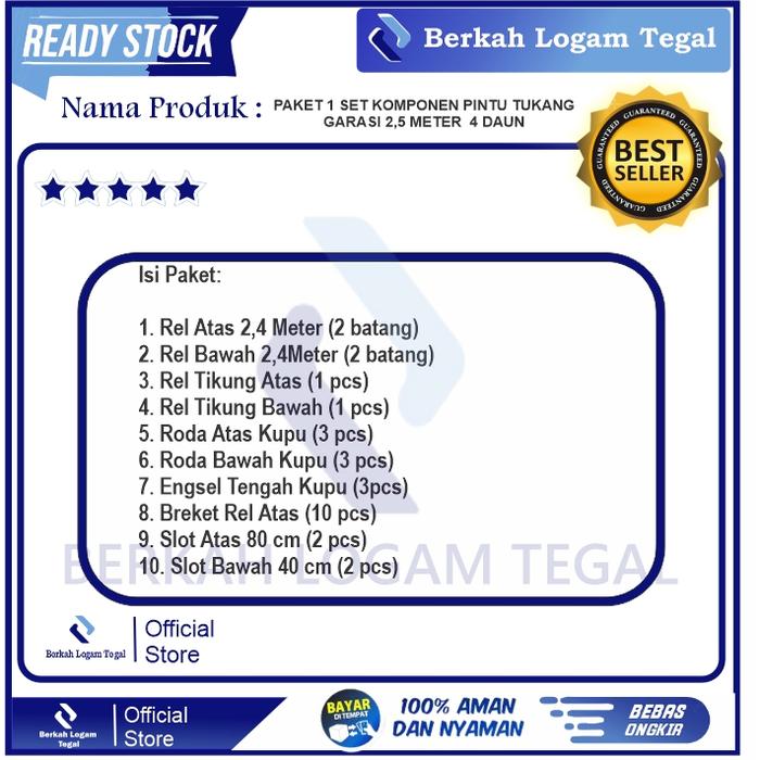 Paket Komponen Pintu Garasi Tikung 2,5 Meter 4 Daun | Full Set Rel, Roda, Engsel Kupu - Aksesoris pi