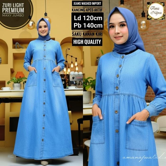 Ama Najwa Gamis Wanita Muslim Terbaru Jeans Wash HQ Kombinasi Katun Halus Size Jumbo Ld 120 cm Pj 14