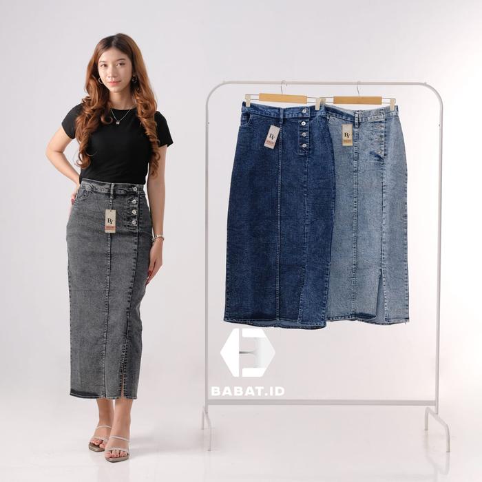 ROK JEANS STREATCH SPAN PANJANG GISCA KANCING DEPAN FASHION WANITA KAIN TEBAL