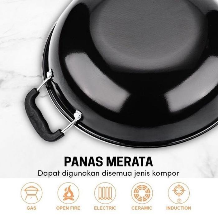 WM Wajan Bulat Lapisan Enamel Hitam 32Cm/Kuali Wok Untuk Merebus Menumis Menggoreng Lauk Multifungsi