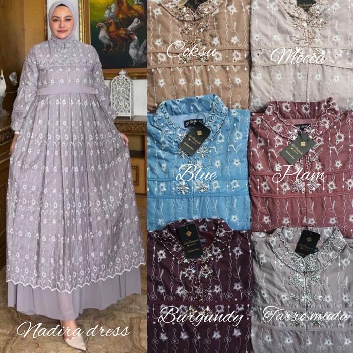 Dress Nadira set hijab fasmina bahan ful katun bordir mix ceruty aksen payet swaroski pinggang rempe