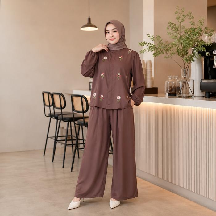 Oneset Celana Rayon Motif Bordir Rayon Twill Setelan Wanita Rayon Twill