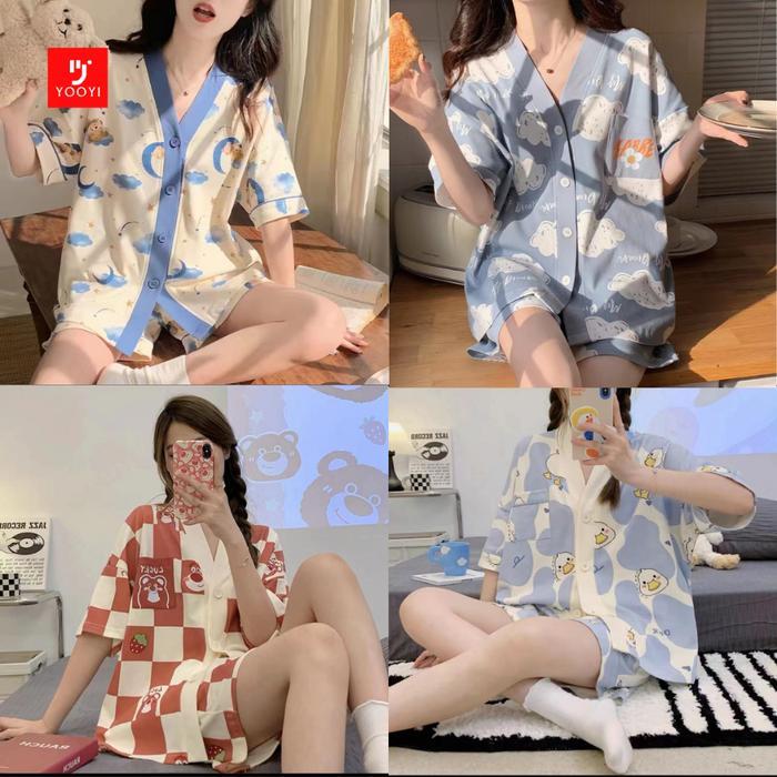Yooyi Baju Tidur Wanita Set Dewasa Sexy Jumbo Celana Pendek Piyama HP Perempuan Model Kemeja Hot Pan
