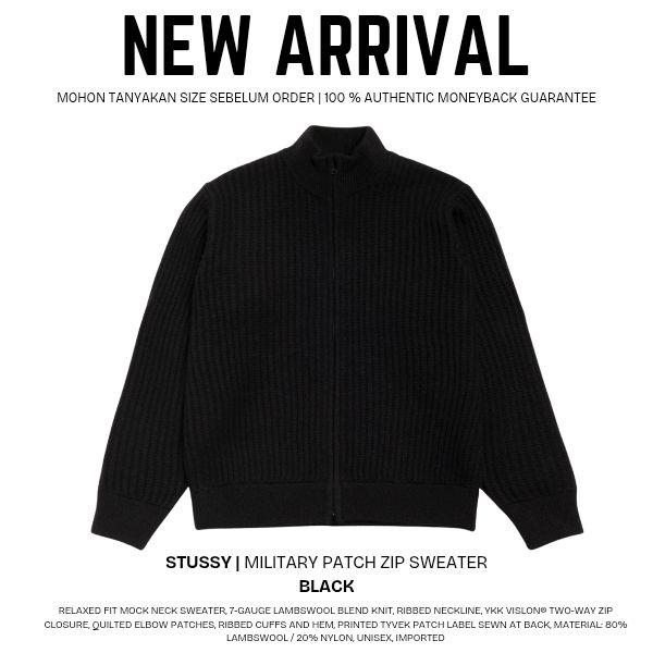 Stussy Sweater Zipper Militer Patch Original 100% Unisex Hitam dengan Fitur Mock Neck dan Bahan 80%
