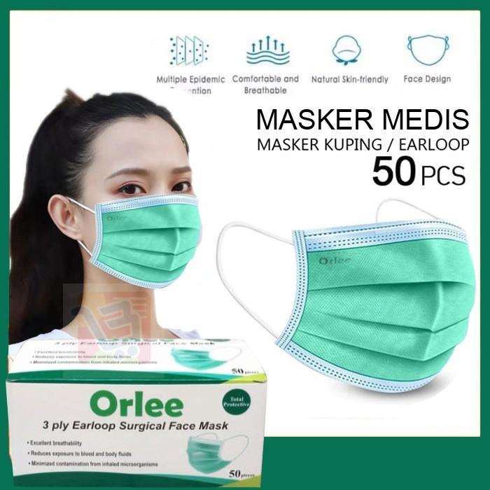 Masker 3Ply 3 Ply Orlee Surgical Hijau Green Masker Medis Earloop Kemenkes Apd Original
