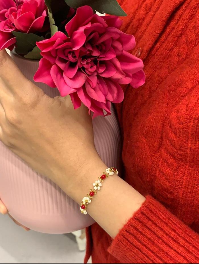 GLASS DAISY BRACELET PREMIUM/gelang manik manik kristal/flower red/free ring