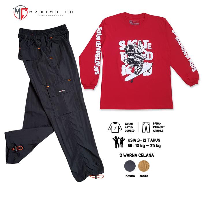 MAXIMO.CO Setelan Baju Distro Anak Skaters Red dan Celana Kargo Parasut Panjang 2 warna Usia 3-12 Ta