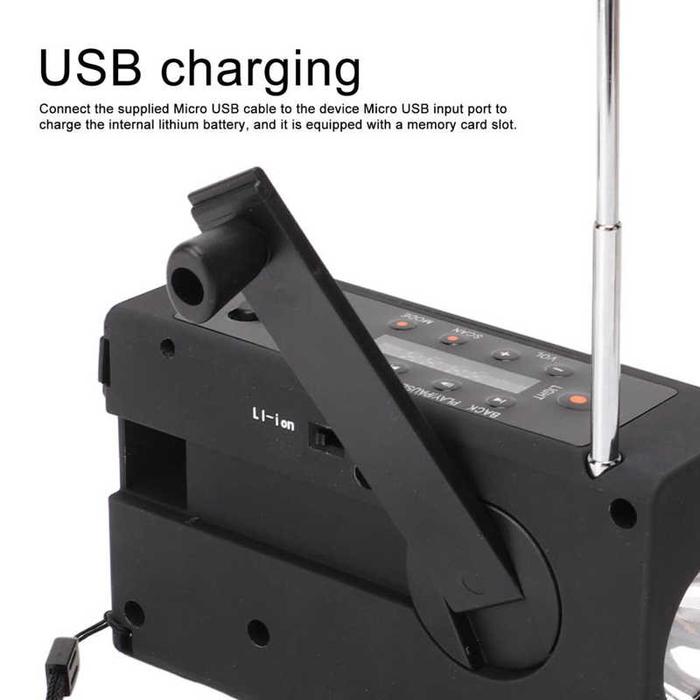 Jack Headphone USB FM Radio Darurat Engkol Tangan Senter Portabel