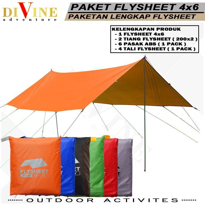 paketan flysheet tenda camping size 4x6 waterproof lengkap 1 flysheet 4x6 + 2 tiang + 6 pasak abs +