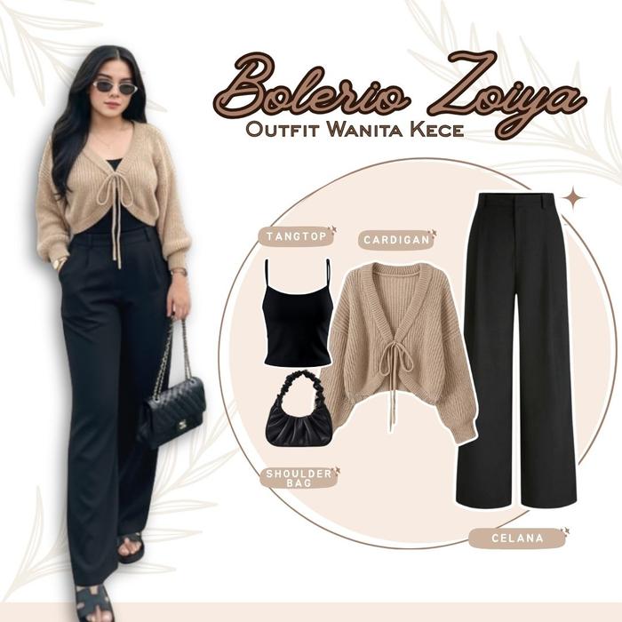 Setelan Wanita Cardigan Rajut Tali Cream - Celana Kulot Jennie Hitam - Tangtop - Shoulder Bag OOTD R