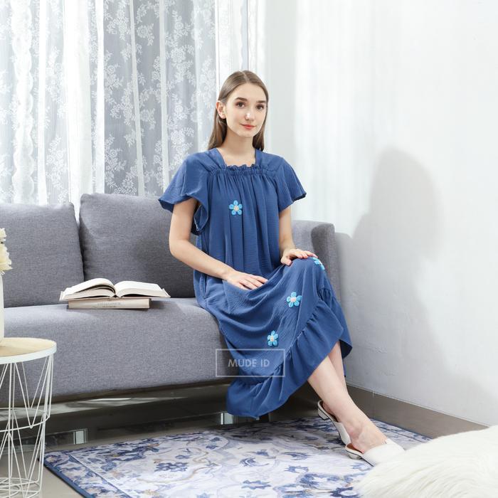 Homedress Pom-Pom Daster Fuji Pendek Selutut Bahan Crinkle Kekinian Wanita Busui