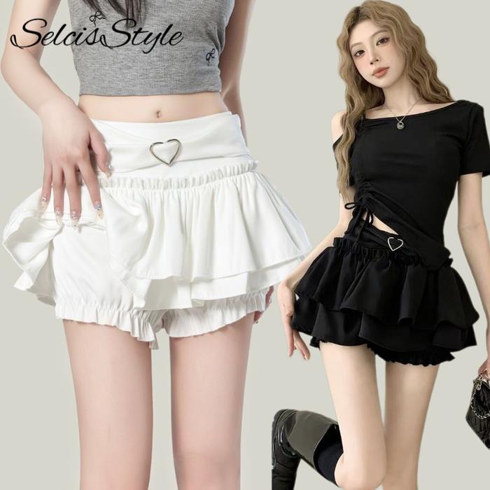 SelcisStyle S~2XLRok Mini Berpinggang Tinggi(Pinggang Elastis) Rok Kue Mengembang Ala Korea
