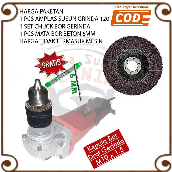 Paket Chuck Gerinda Ubah Bor Kepala Grinda Ke Bor 10mm + Amplas Susun 4" Kayu Flapdisk
