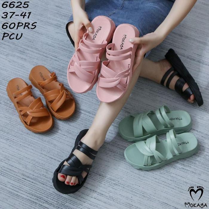 Sandal Slop Jelly Birken Korea Wanita Ban Ikat Silang Tali 2 Sol Tebal Empuk Keren Cantik Import Mok