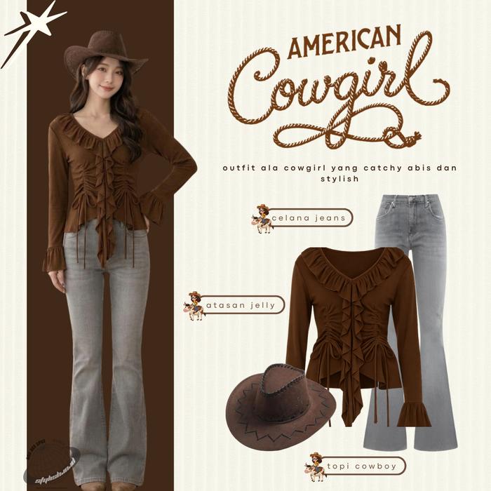Outfit Remaja Ala Cowgirl (Eleanor Ruffle Coklat + Celana Cutbray Dark Grey (29) + Topi Coboy Cokla