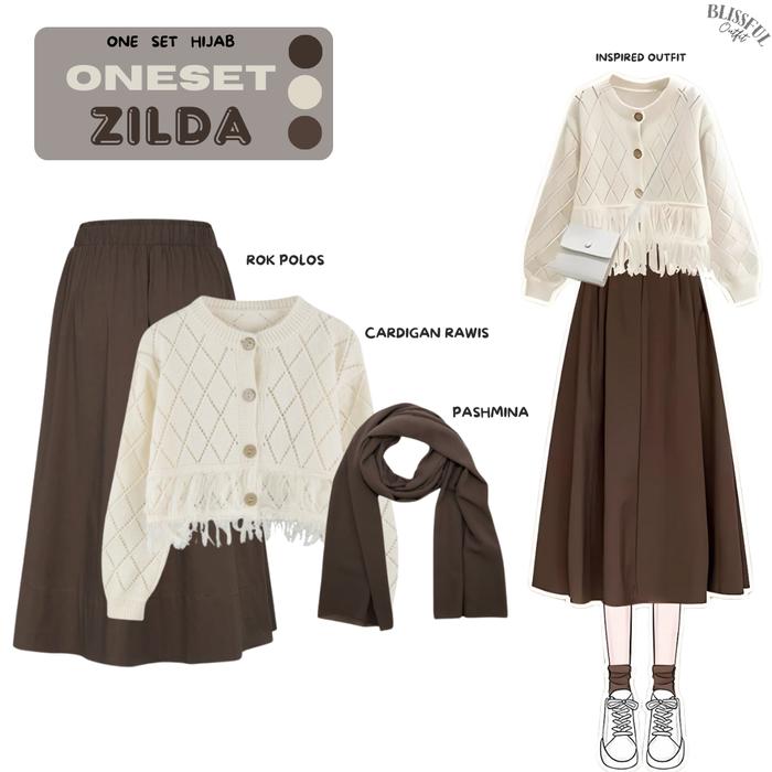 Zilda One set Outfit wanita / Atasan Outer Cardigan Crop Rawis / Bawahan Rok Polos Karet Panjang / P