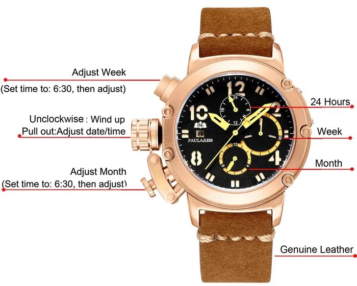 Automatic Mens Watch Self Wind Mechanical Genuine Brown Leather Multifunction Boat Limited Rose Gold
