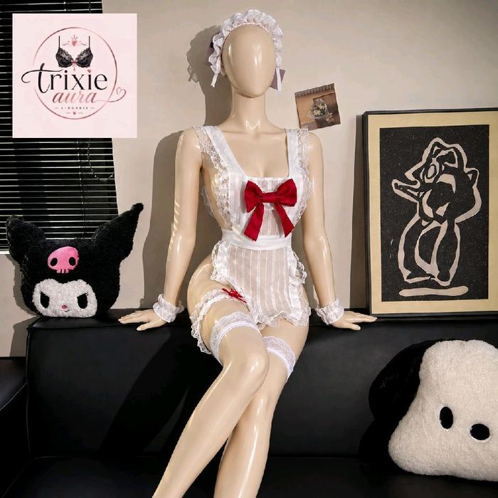 Lingerie apron maid lace dengan pita merah kostum pelayan wanita