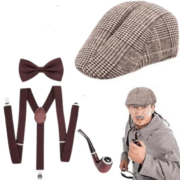 KIAMA - Set Suspender Topi Dasi Kupu Coklat Vintage Detektif Enola Holmes Outfit Yearbook