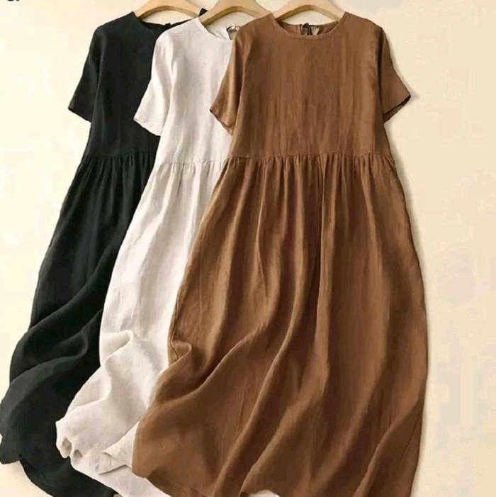 MIDI DRESS katun linen serut tali belakang/lengan pendek korean style baju santa midi dress iner gam