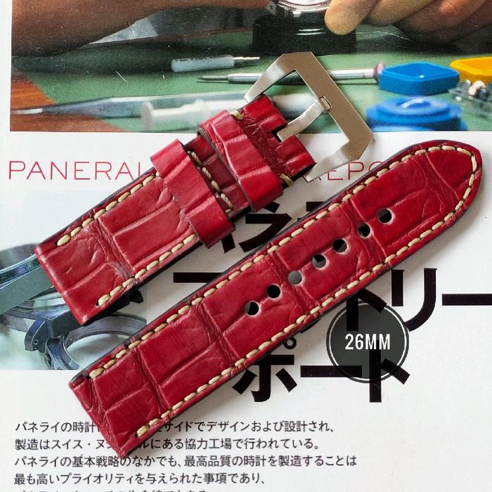 26mm • Genuine Croco Straps Leather Handmade Tali Jam Tangan • Crimson Red Straps Croco Handmade Lea